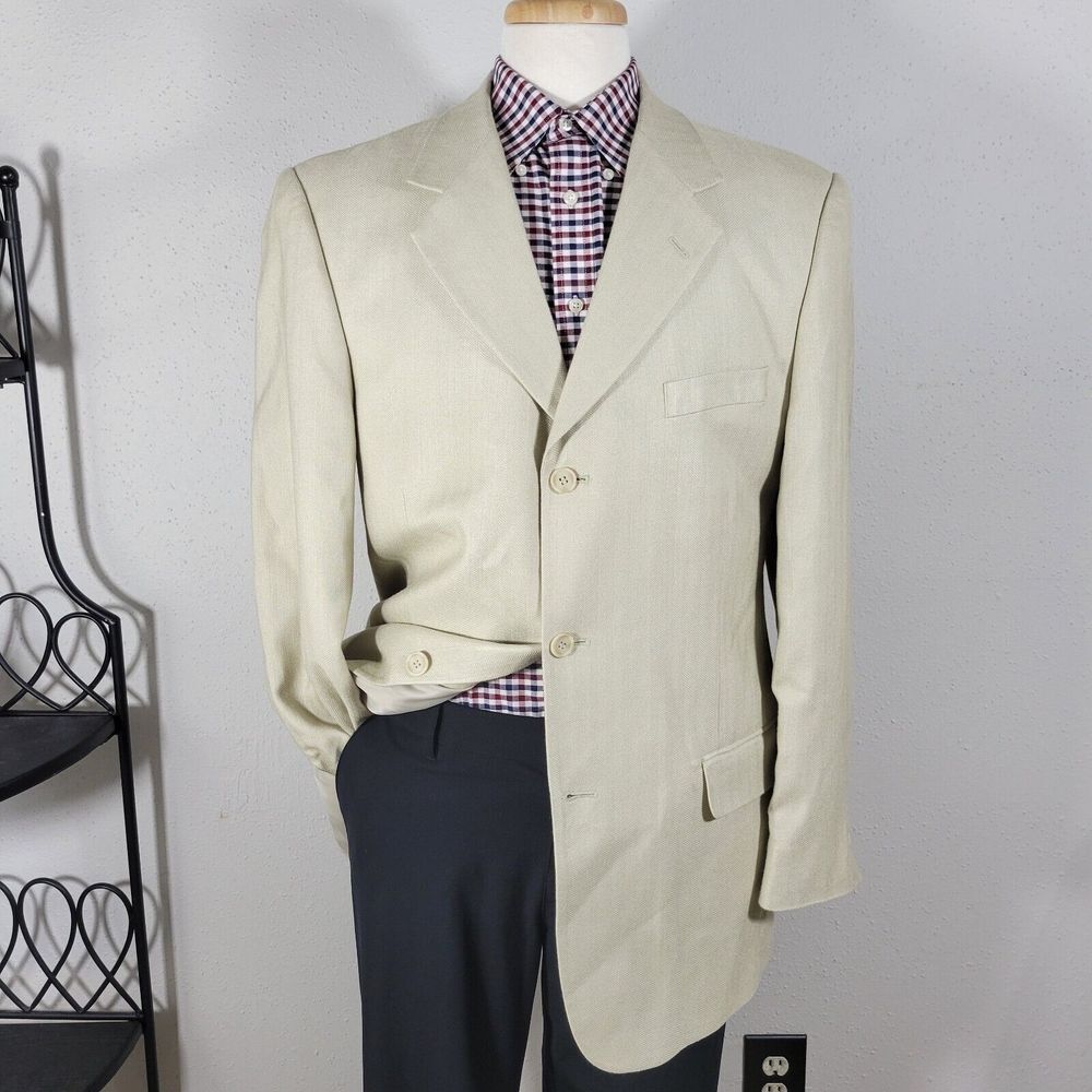 Croft Barrow Men's Sport Coat‎ Blazer Three Button Beige Herringbone SILK 42L